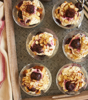 Brandied Cherry Trifles on a serving tray