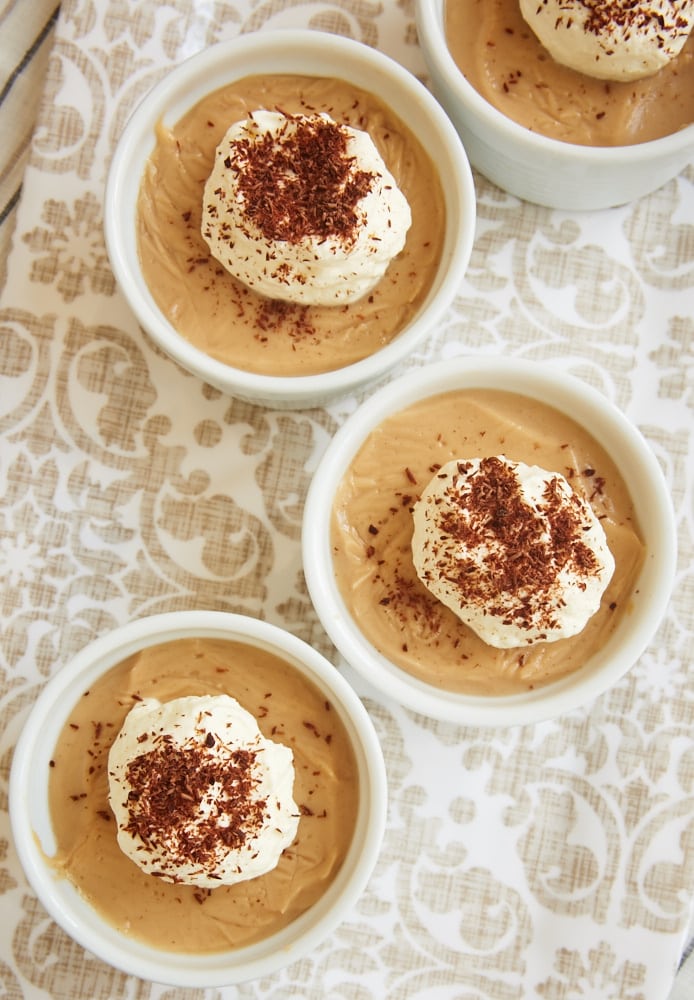 overhead view of Peanut Butter Pudding in white ramekins