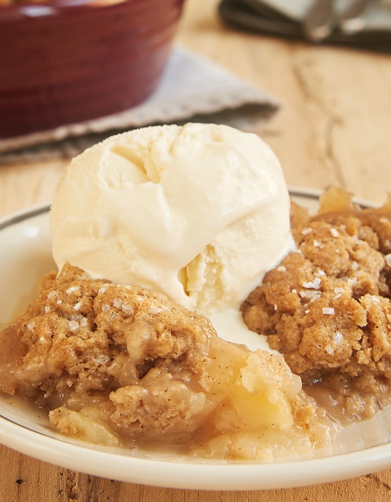 Autumn Spice Pear Cobbler topped with ice cream