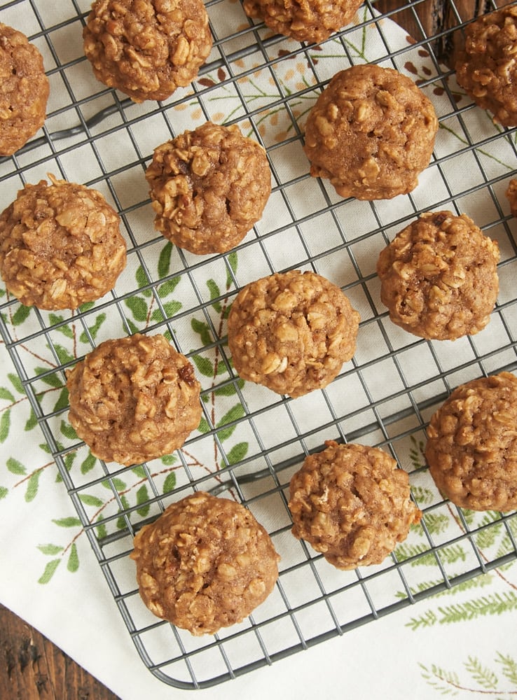 overhead view of Apple Butter Oatmeal Cookies on a wire cooling rack