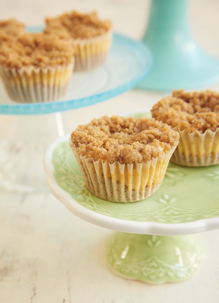 Mini Cinnamon Crumb Cheesecakes on a small green cake stand