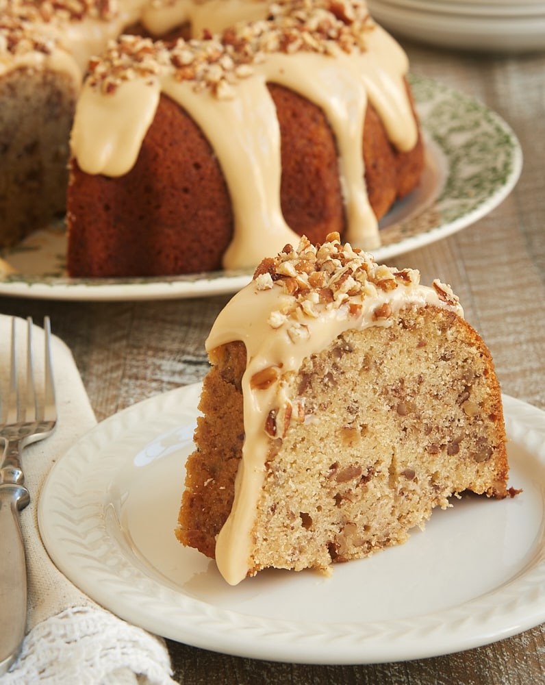 slice of Toasted Pecan Bundt Cake on a white plate