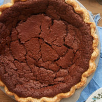 Whole chocolate chess pie in pie dish