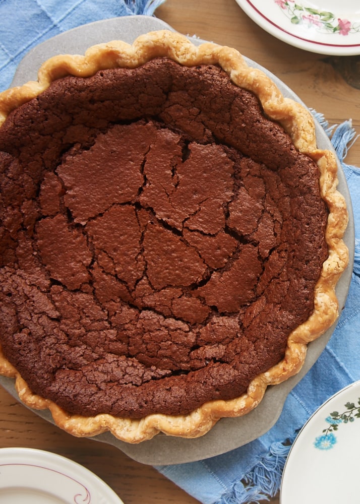 Whole chocolate chess pie in pie dish