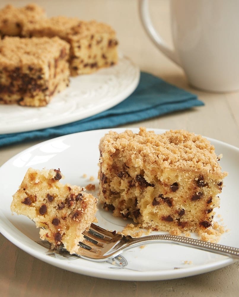 Chocolate Chip Crumb Cake on a white plate