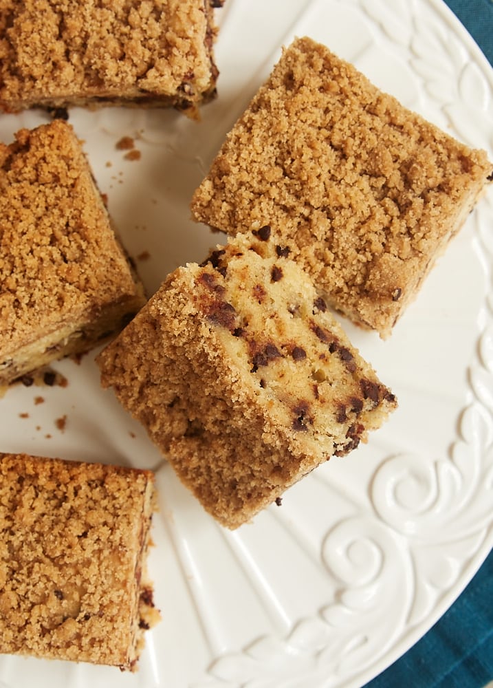 overhead view of Chocolate Chip Crumb Cake on a white serving plate