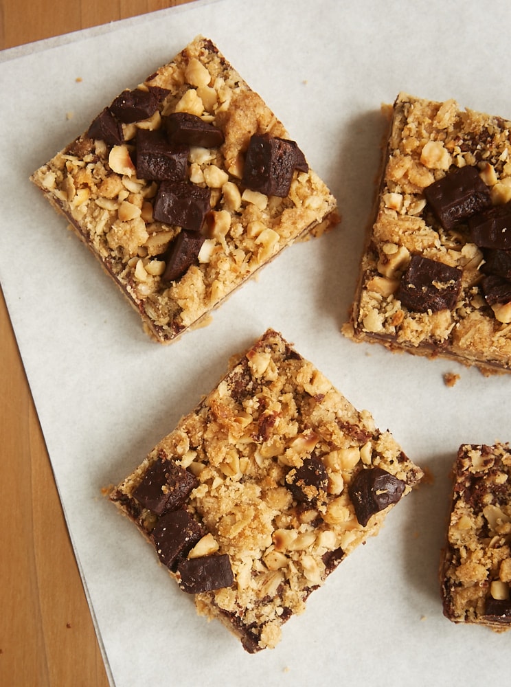 overhead view of Chocolate Hazelnut Oat Bars on parchment paper