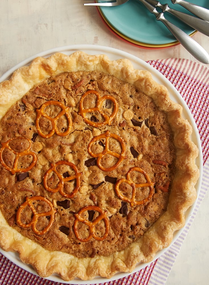 Monster Cookie Pie in a white pie plate