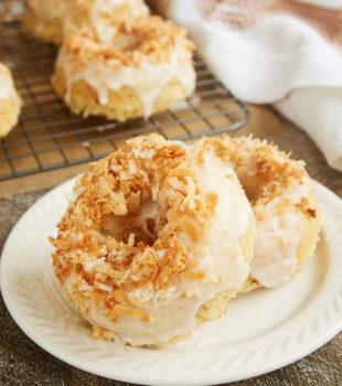 Toasted Coconut Cake Doughnuts served on a plate