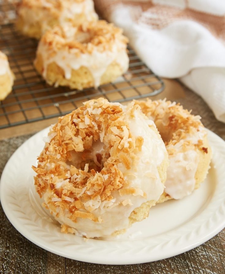 Toasted Coconut Cake Doughnuts served on a plate