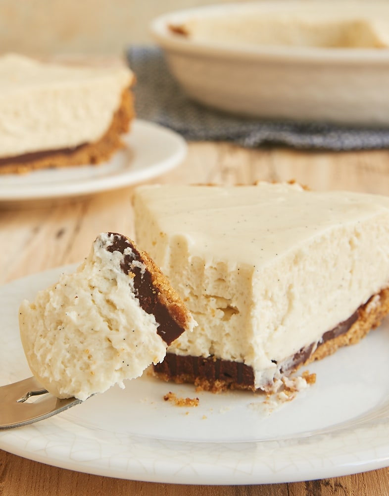 slice of No-Bake Black Bottom Vanilla Bean Cheesecake