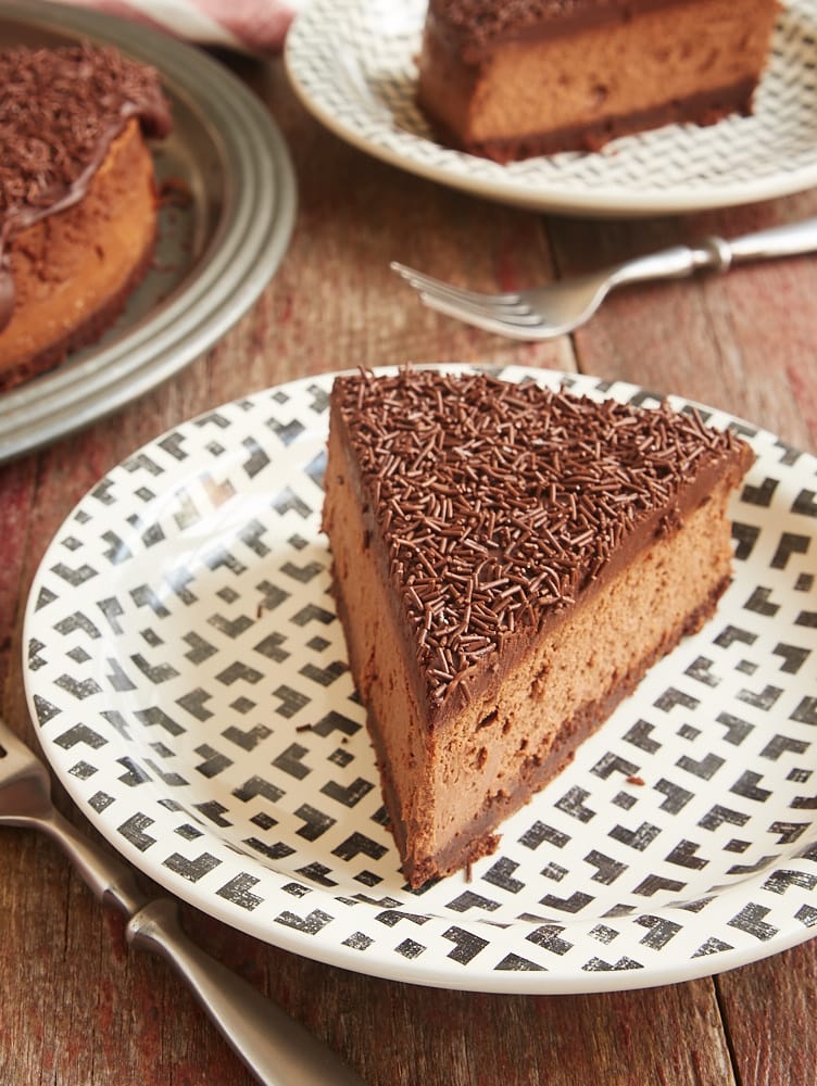 Brownie Bottom Chocolate Cheesecake topped with chocolate sprinkles