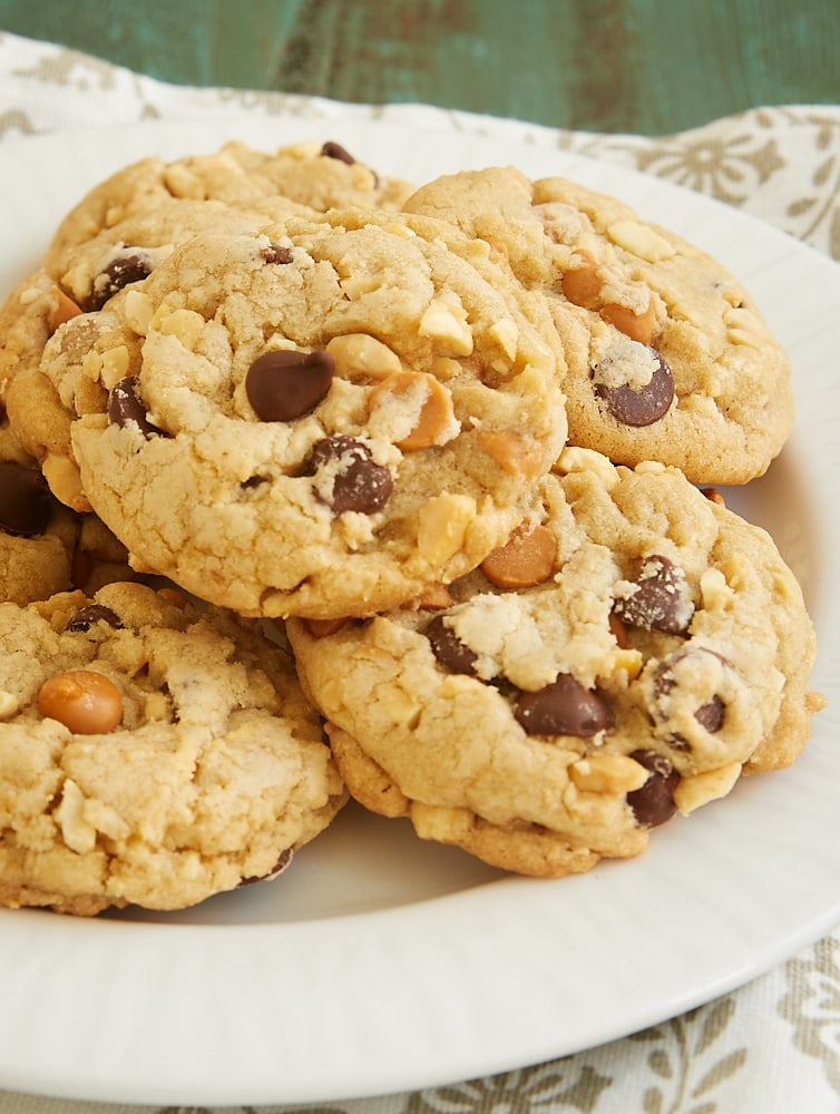 pile of Butterscotch Peanut Chocolate Chip Cookies on a white plate