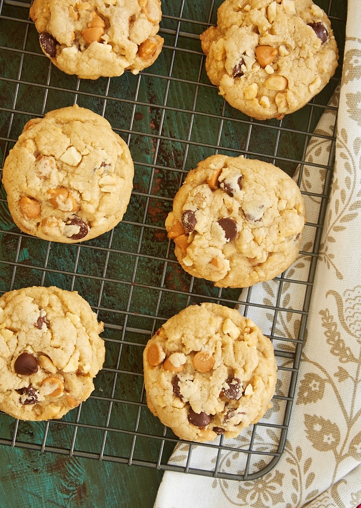 overhead view of Butterscotch Peanut Chocolate Chip Cookies on a wire cooling rack