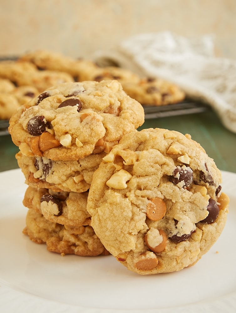 Butterscotch Peanut Chocolate Chip Cookies on a white plate