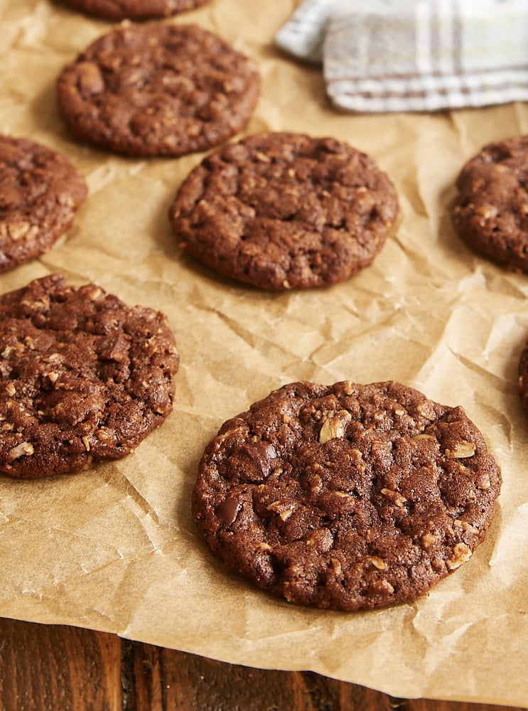 Chocolate Oatmeal Biscoff Cookies on parchment paper