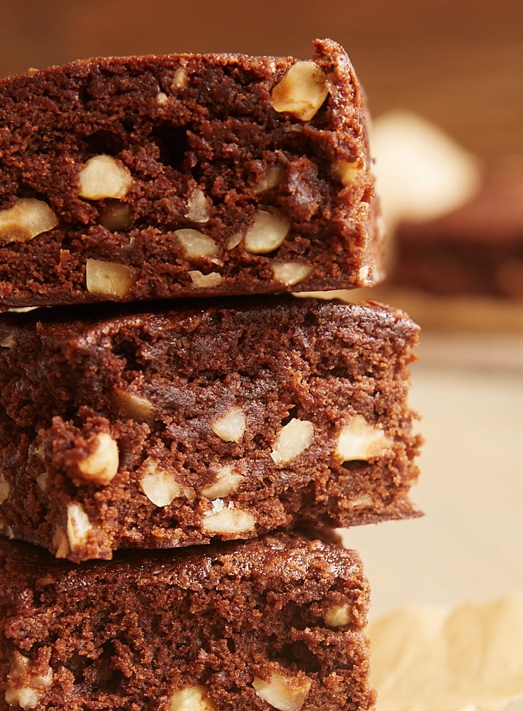 close up view of a stack of Hazelnut Mocha Brownies