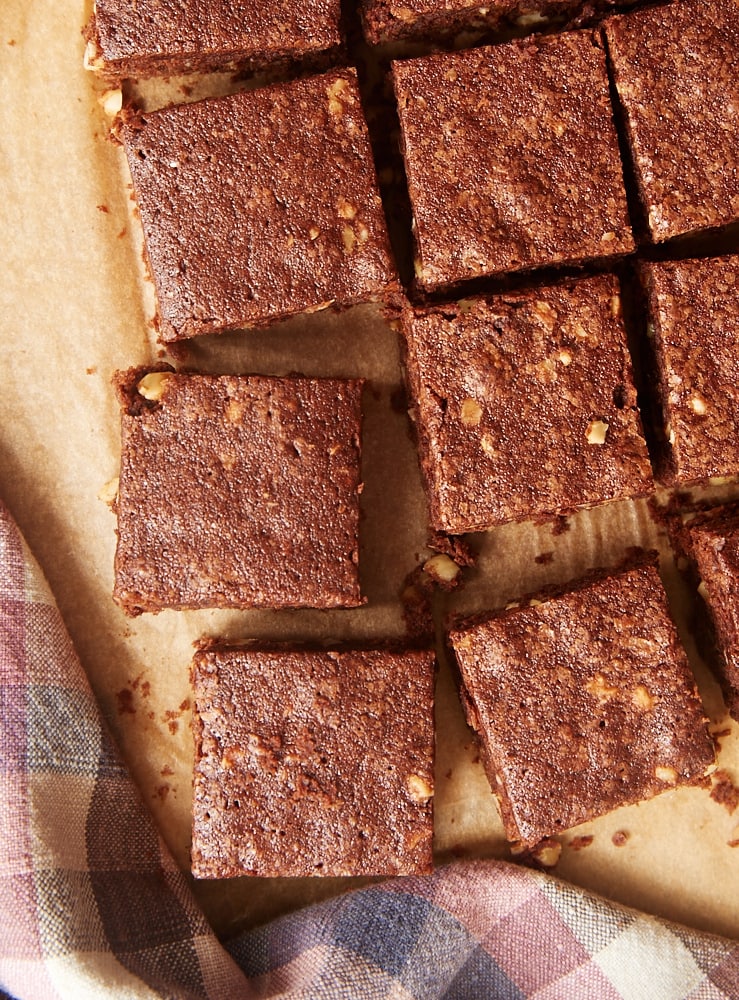 overhead view of sliced Hazelnut Mocha Brownies on parchment paper