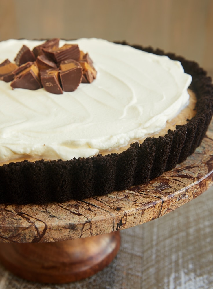 Peanut Butter Pudding Pie on a brown marble pedestal