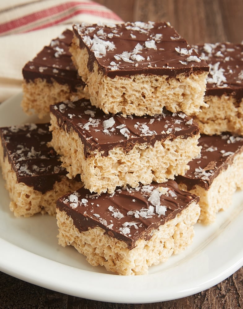 stack of Salted Chocolate Brown Butter Crispy Treats