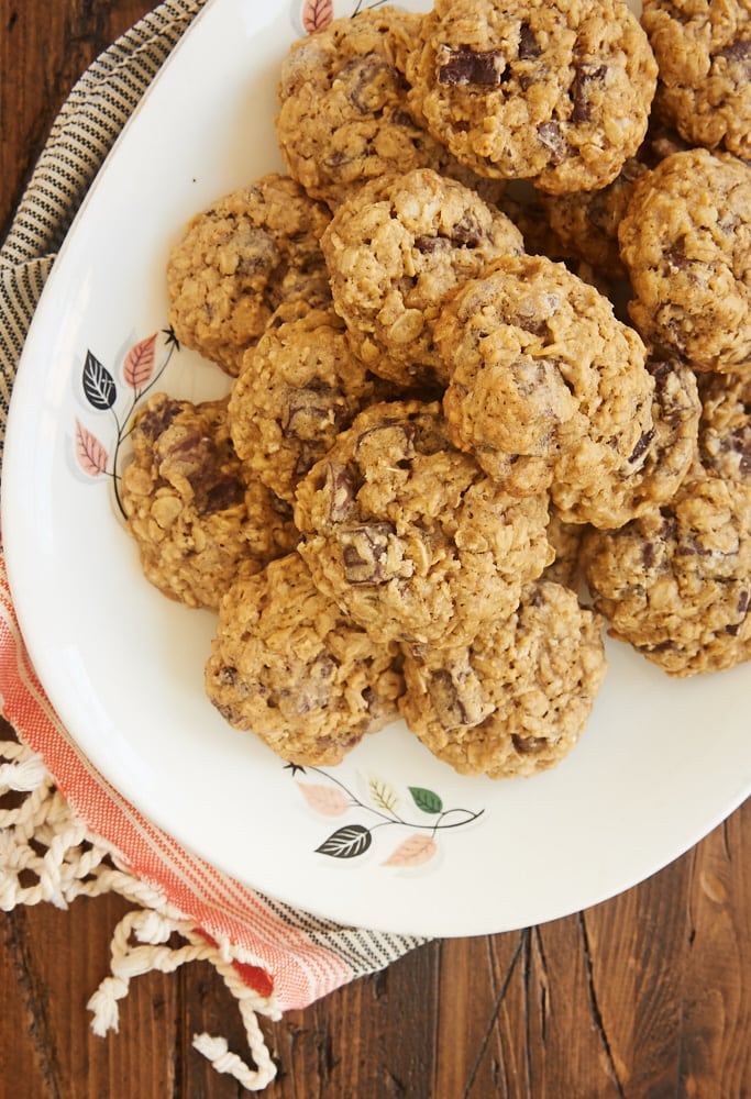 Brown Sugar Oatmeal Chocolate Chip Cookies on a white oval serving dish
