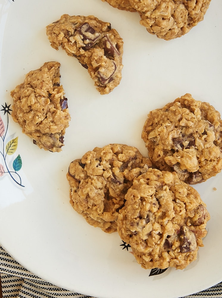 Brown Sugar Oatmeal Chocolate Chip Cookies on a floral-rimmed white tray