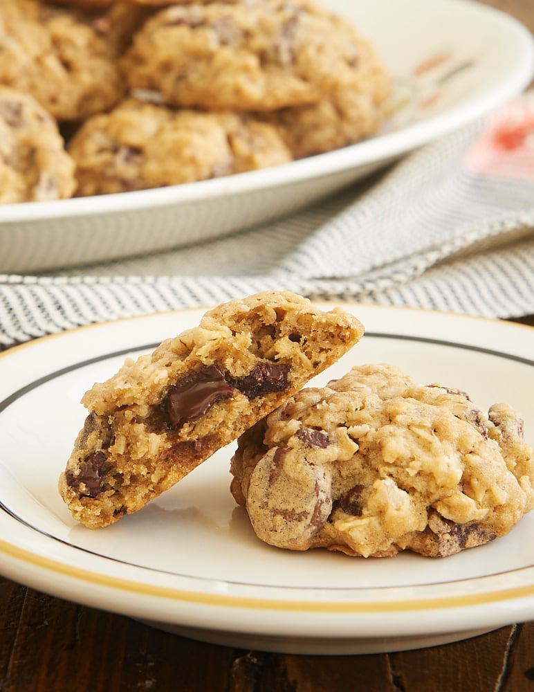 Brown Sugar Oatmeal Chocolate Chip Cookies on a yellow- and black-rimmed white plate