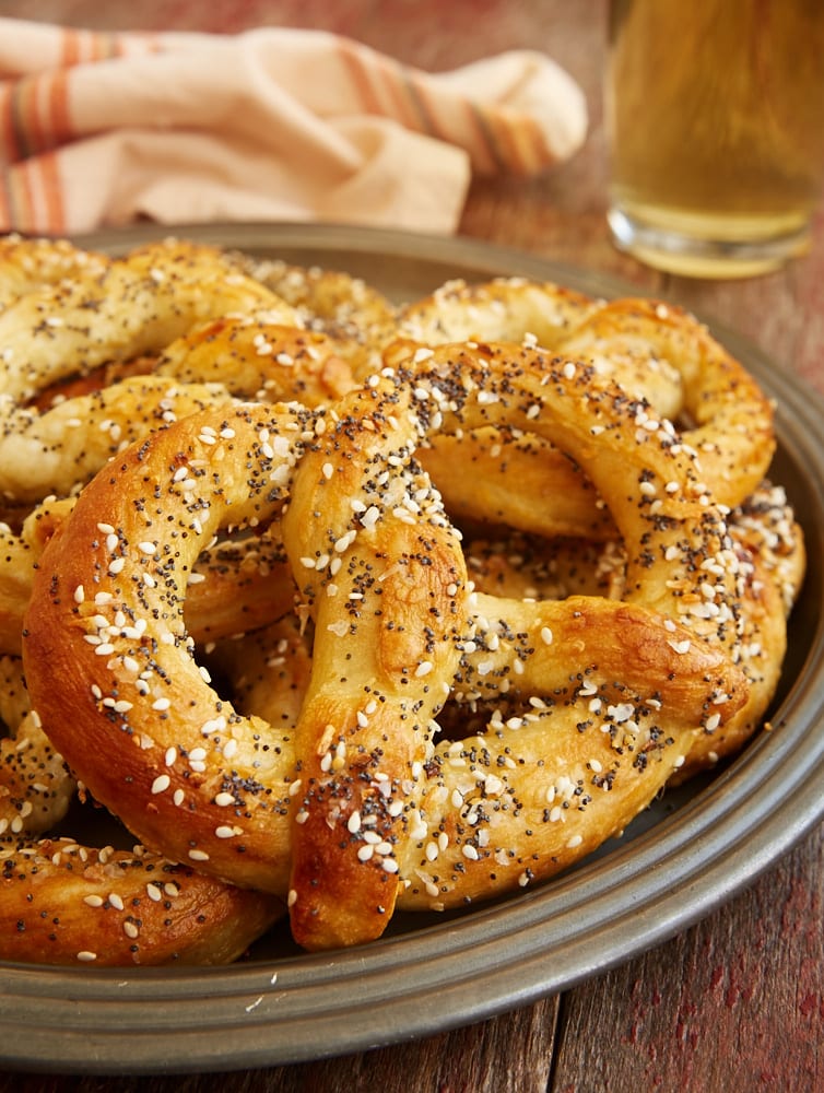 Everything Soft Pretzels on a round pewter tray