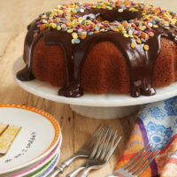 Yellow Bundt Cake with Dark Chocolate Ganache and sprinkles