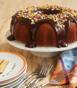 Yellow Bundt Cake with Dark Chocolate Ganache and sprinkles