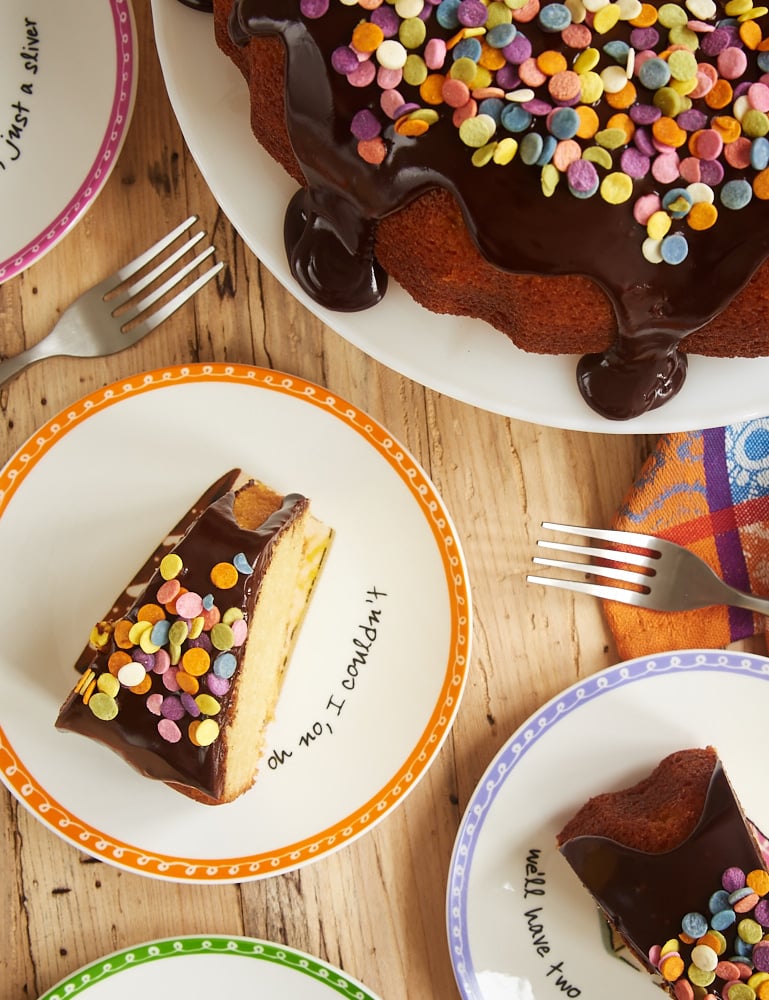 slices of Yellow Bundt Cake with Dark Chocolate Ganache