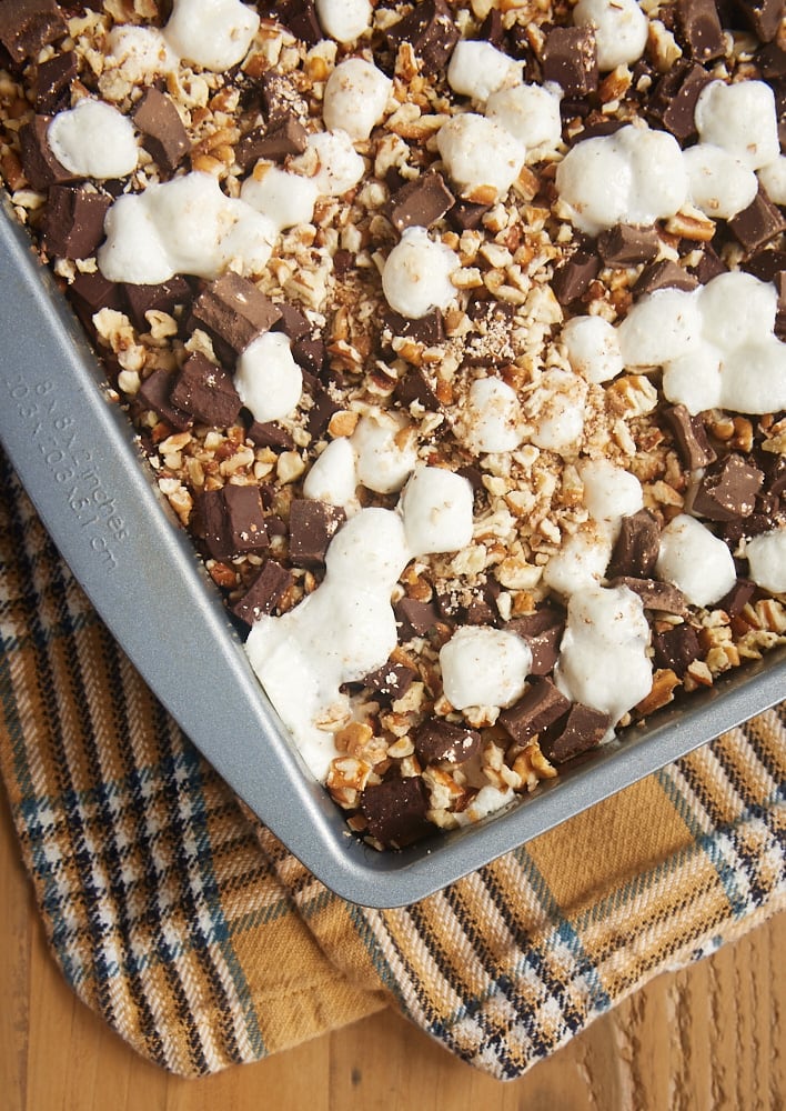 overhead view of Peanut Butter Rocky Road Bars in a square metal baking pan