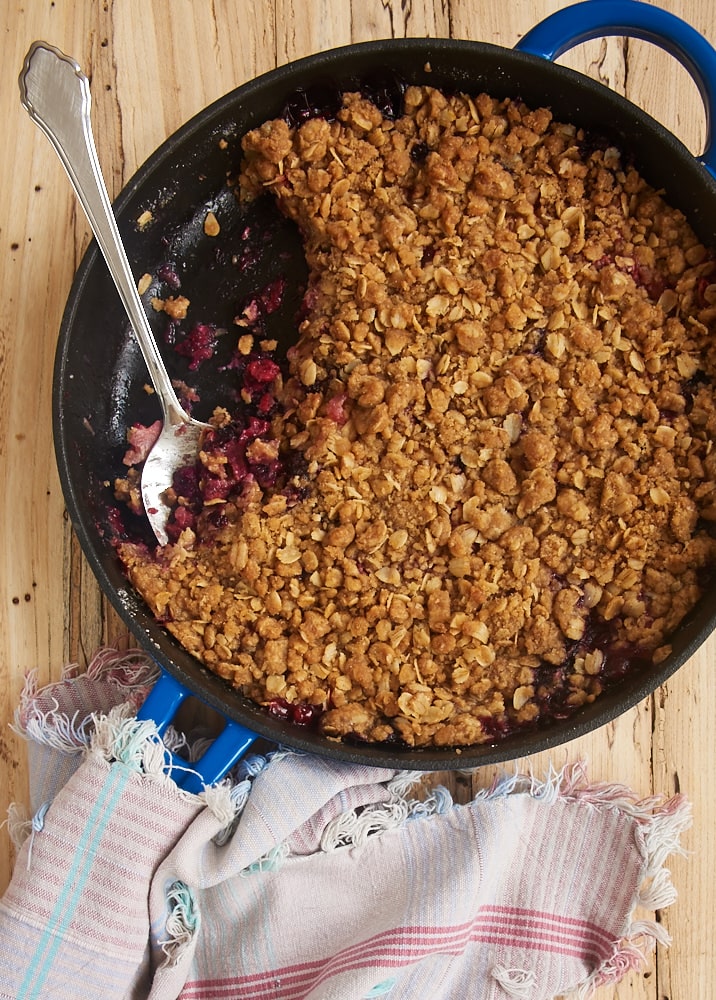 overhead view of Skillet Berry Crumble in a cast iron skillet