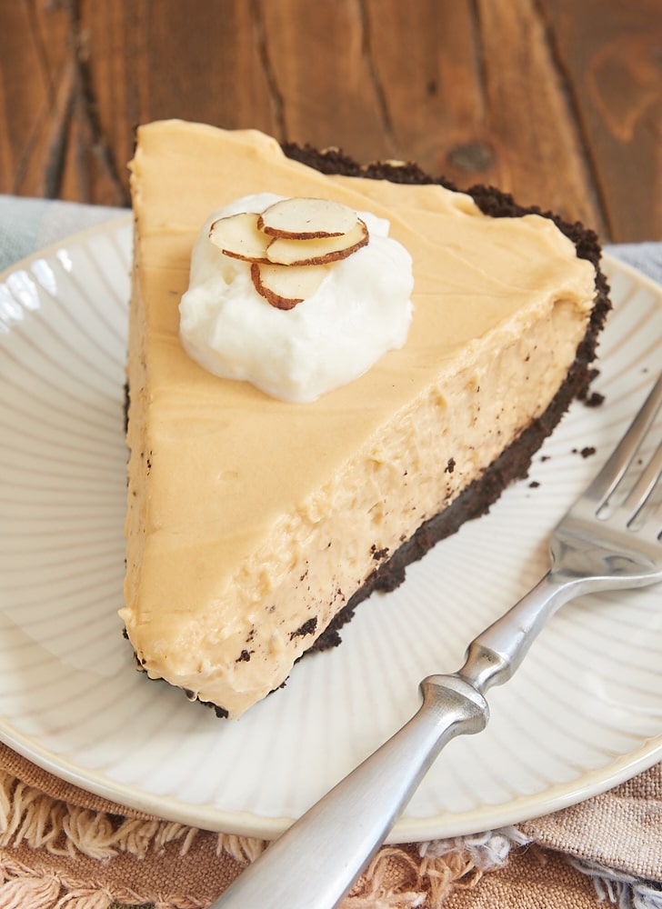 close up view of a slice of Dulce de Leche Icebox Pie