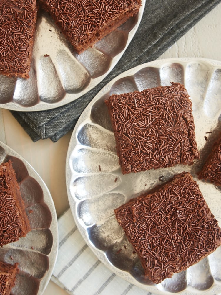 Brownies topped with sprinkles photographed from above.