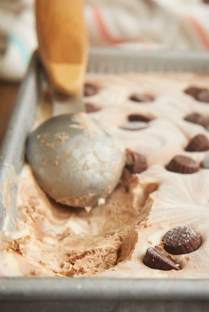 No-Churn Chocolate Peanut Butter Swirl Ice Cream in a metal loaf pan