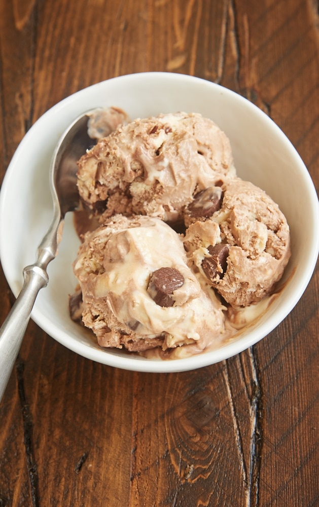 overhead view of three scoops of No-Churn Chocolate Peanut Butter Swirl Ice Cream in a white bowl