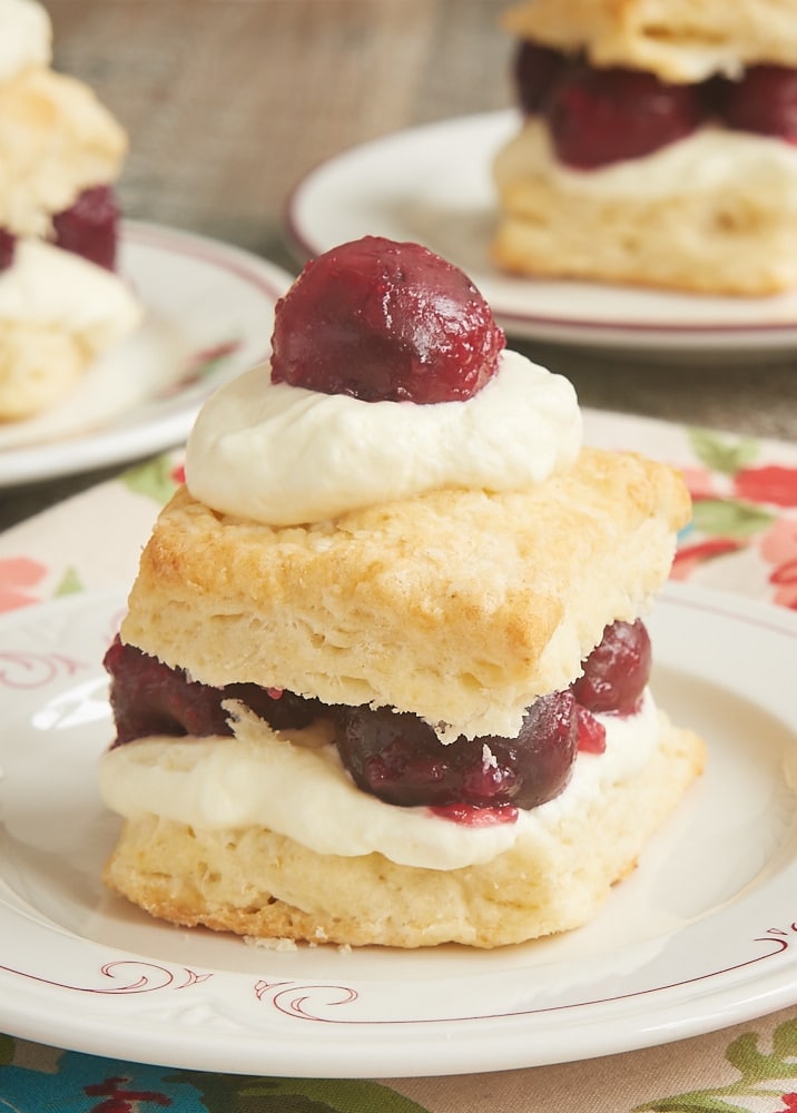 Cherry Shortcake made with Cream Cheese Biscuits and topped with sweetened whipped cream