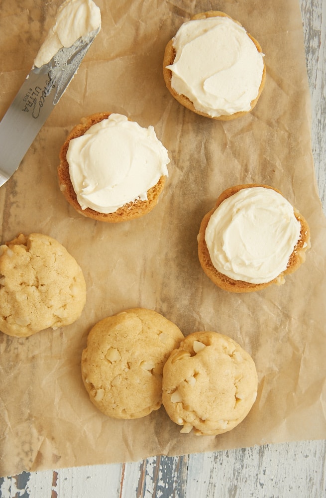 White Chocolate Macadamia Sandwich Cookies being assembled