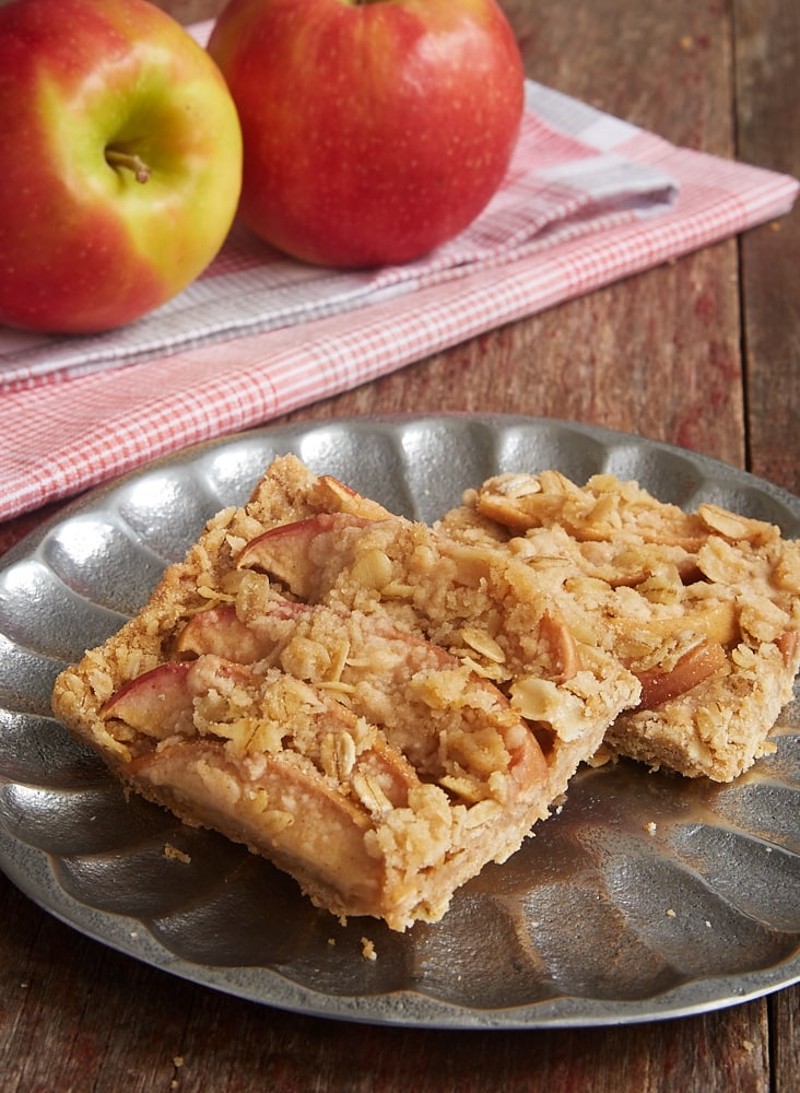 two Apple Cinnamon Crumb Bars on a pewter plate