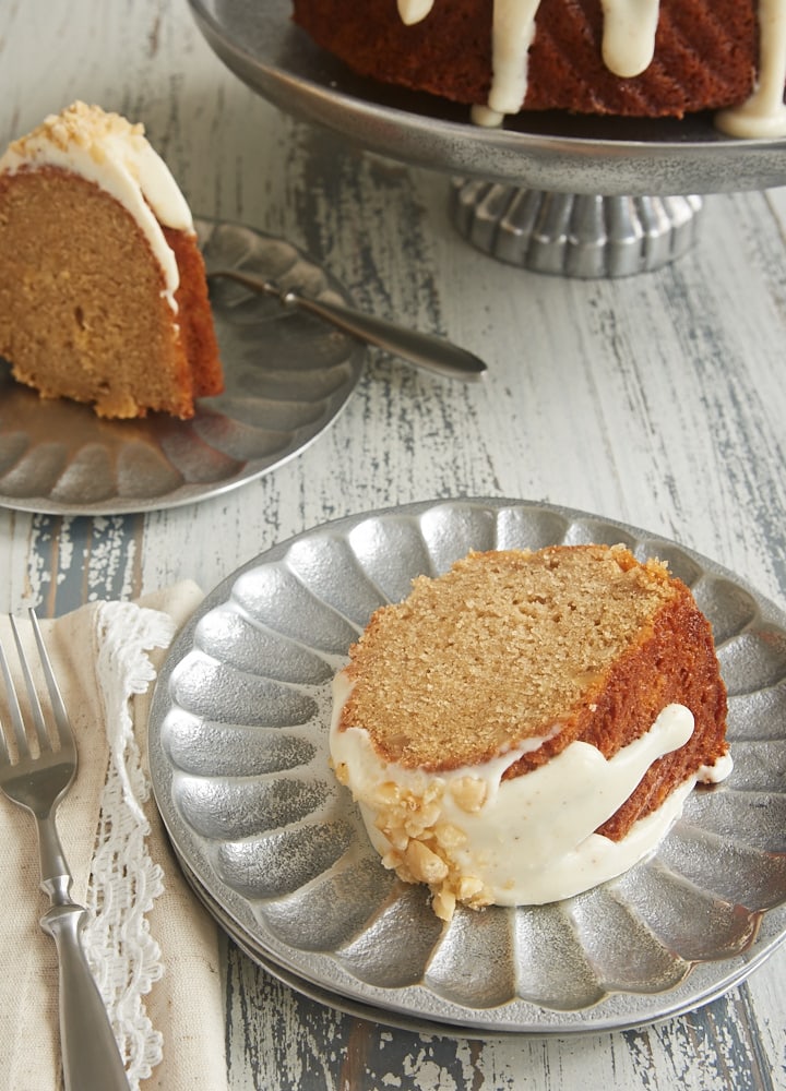 slices of Cinnamon Hazelnut Bundt Cake with Brown Butter Glaze