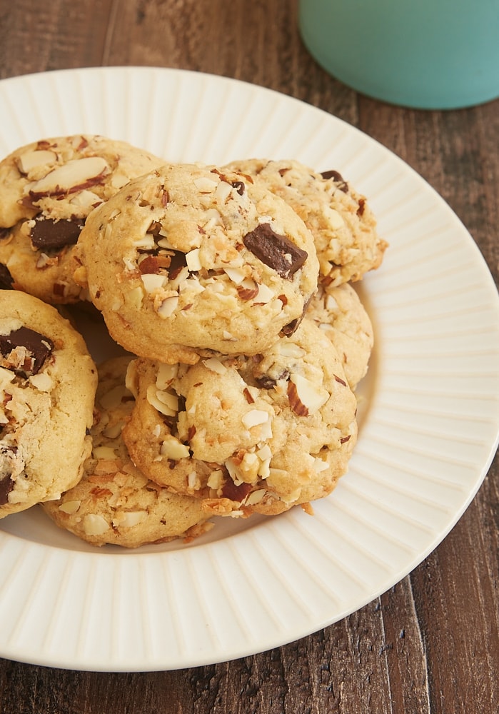 Coconut Almond Chocolate Chip Cookies on a white and beige-rimmed plate