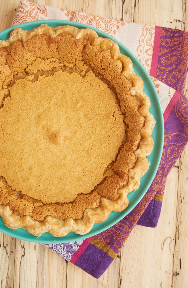 overhead view of Peanut Butter Chess Pie in a green pie plate