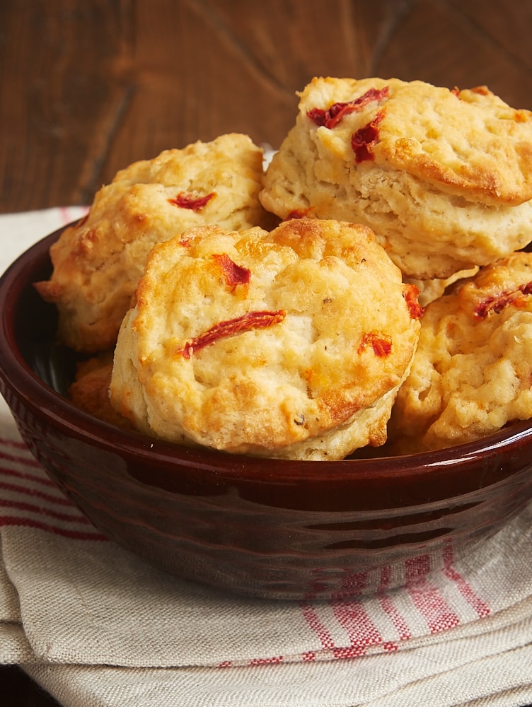 Pimiento Cheese Biscuits in a brown serving bowl