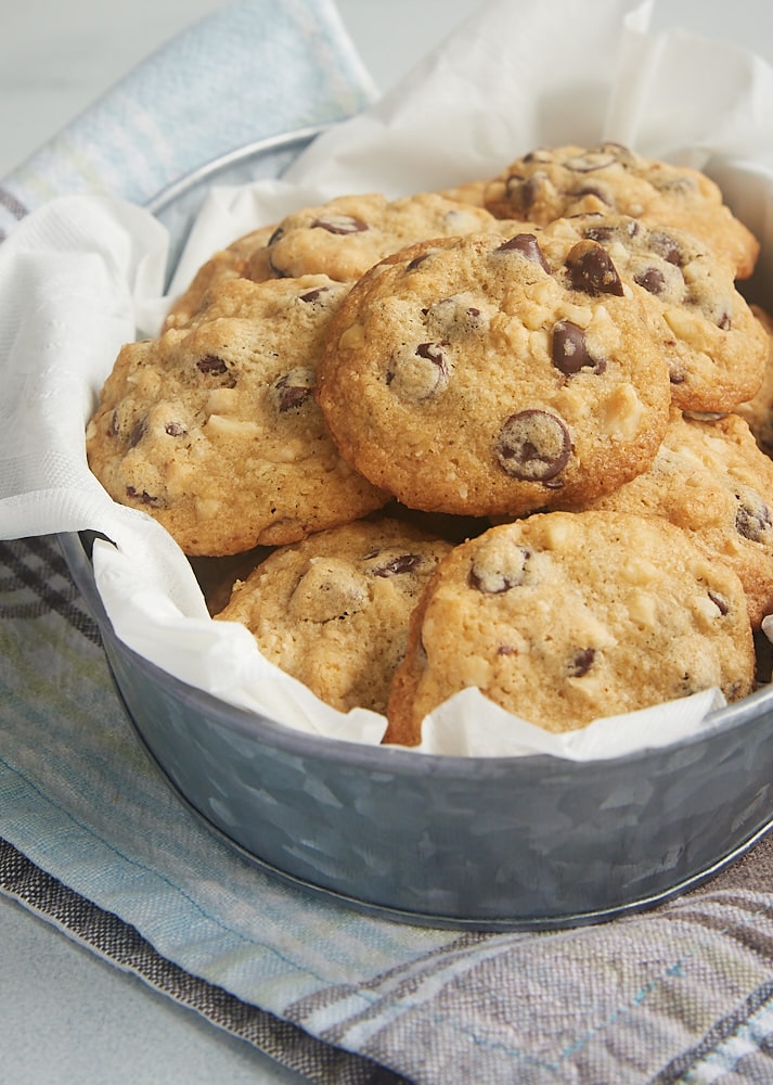 Hazelnut Chocolate Chip Cookies in a metal tray