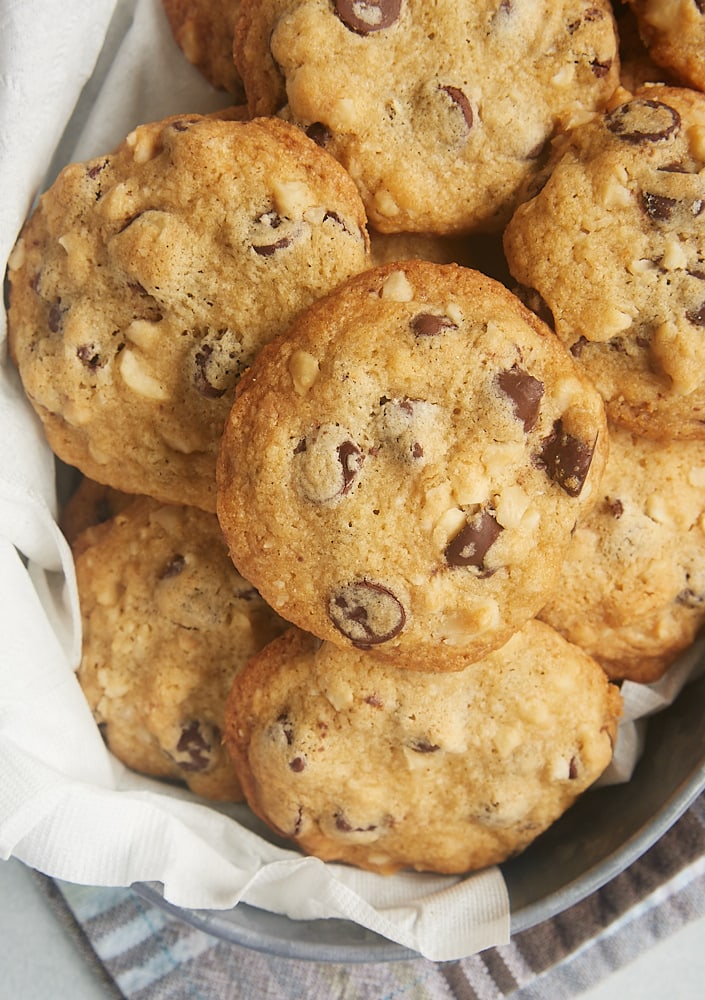 overhead view of Hazelnut Chocolate Chip Cookies in a metal tray