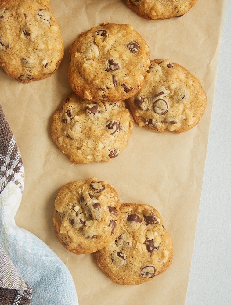 overhead view of Hazelnut Chocolate Chip Cookies on parchment paper