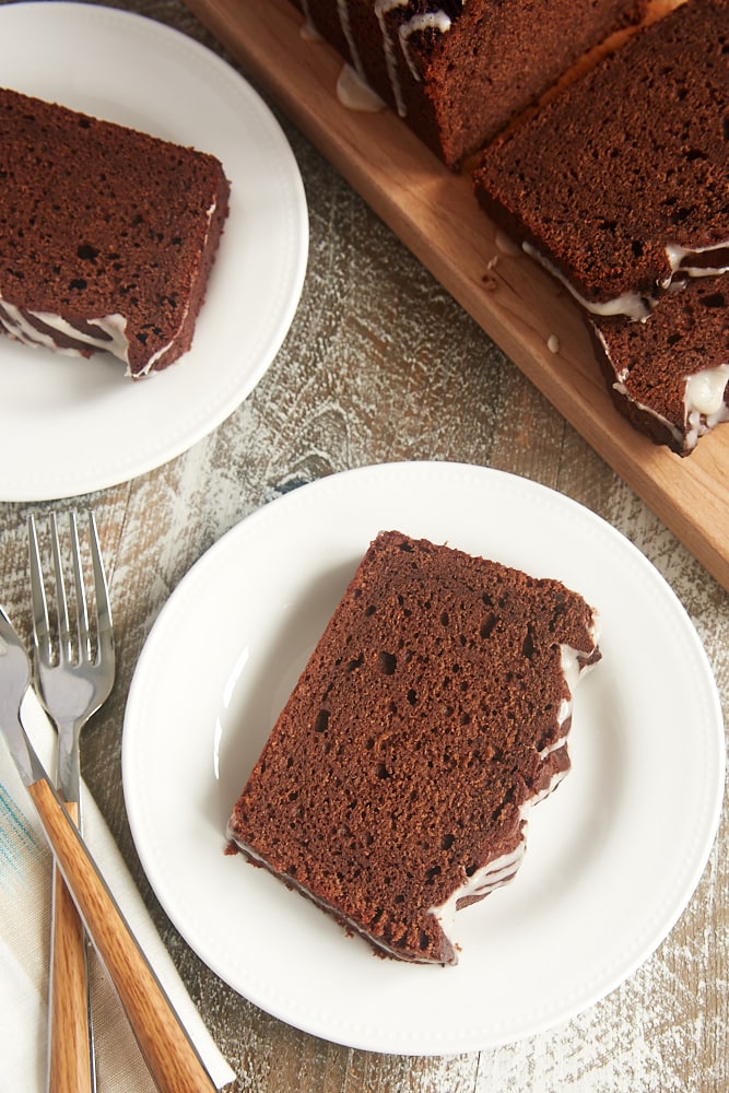 Chocolate sour cream pound cake topped with vanilla glaze