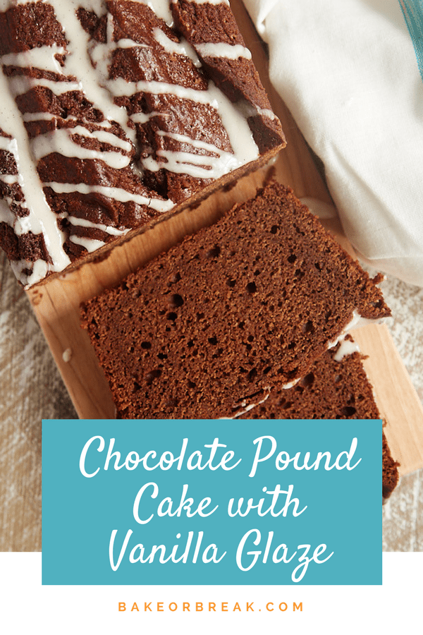 Chocolate Pound Cake with Vanilla Bean Glaze sliced on a cutting board.