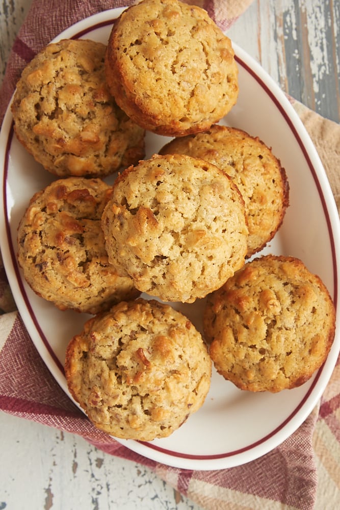 overhead view of Oat Muffins with Nuts and Seeds on a red-rimmed white plate